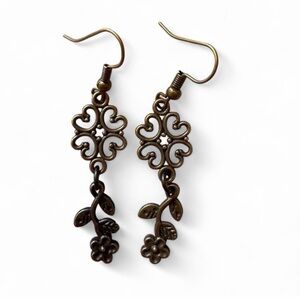Handmade Bronze Filigree Floral Dangle Earrings - Boho Vintage Style